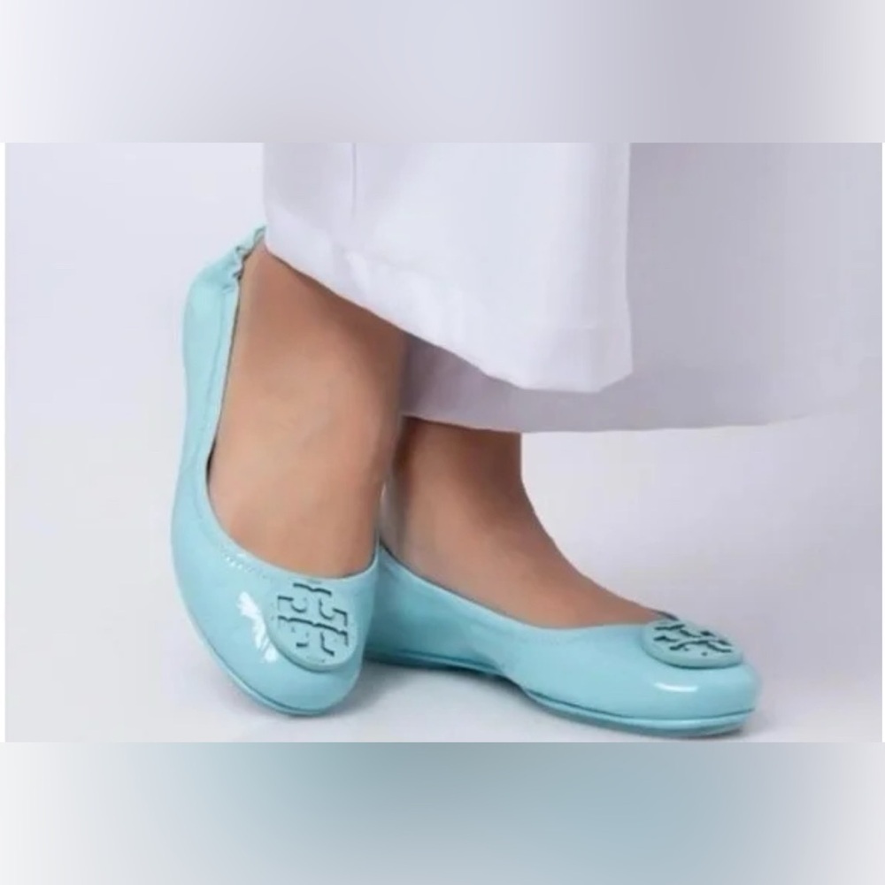 Tory Burch 11M, Minnie Travel Ballet Flats, AUDREY BLUE Crinkle Metallic Leather